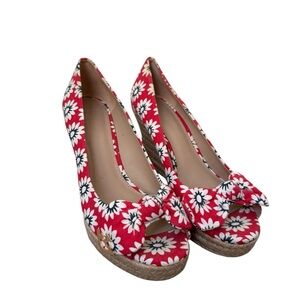 NEW Tory Burch Dory Red Floral Canvas Peep Toe Wedge Heels Size 8.5
